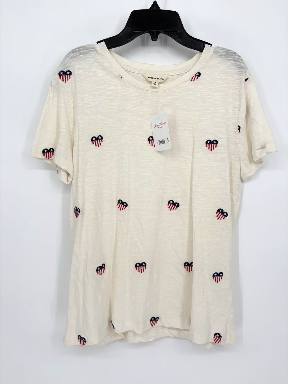 Lucky Brand Shirt Womens Small White USA Flag Heart Embroidered Tee Top NWT